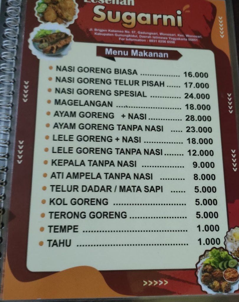 Salah satu daya tarik utama dari Lesehan Sugarni adalah harga menu yang ramah di kantong, menjadikannya tempat favorit para pelajar, mahasiswa, hingga keluarga. Salah satu daya tarik utama dari Lesehan Sugarni adalah harga menu yang ramah di kantong, menjadikannya tempat favorit para pelajar, mahasiswa, hingga keluarga.